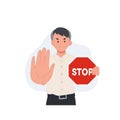 cute Thai student boy doing NO hand gesture ,holding a sign that says "Stop". vector illustration Royalty Free Stock Photo