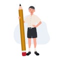 Cute Thai student boy holding big pencil. Vector illustration Royalty Free Stock Photo