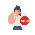 cute Thai student girl doing NO hand gesture ,holding a sign that says "Stop". vector illustration Royalty Free Stock Photo