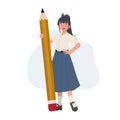 Cute Thai student girl holding big pencil. Vector illustration Royalty Free Stock Photo