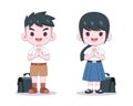 Cute Thai students in uniform sawasdee cartoon illustration