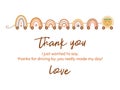 Cute thank you card with train from pastel scandinavian rainbow, star. Baby shower element. Vector