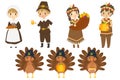 Cute Thanksgiving Cartoon Characters Vector Set