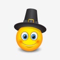 Cute Thanksgiving emoticon wearing pilgrim hat - emoji, smiley - vector illustration