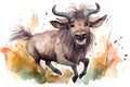 Cute thin full length happy wildebeest jumping in watercolor illustration, created with Generative AI technology