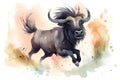 Cute thin full length happy wildebeest jumping in watercolor illustration, created with Generative AI technology