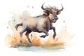 Cute thin full length happy wildebeest jumping in watercolor illustration, created with Generative AI technology