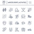 Cute thin line icons of winter sports. Outdoor activities vector elements - snowboard, hockey sled, skates, snow tubing