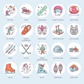Cute thin line icons of winter sports. Outdoor activities vector elements - snowboard, hockey sled, skates, snow tubing