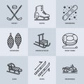 Cute thin line icons of winter sports. Outdoor activities vector elements - snowboard, hockey sled, skates, snow tubing