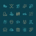 Cute thin line icons of winter sports. Outdoor activities vector elements snowboard, hockey sled, skates, snow tubing