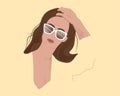 Cute thinking woman looking away isolated on beige background. Flat design, stylish woman with sunglasses straightening