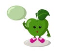 Cute thoughtful or surprised apple with sneakers and speech bubble holds index finger up
