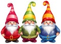 Cute three Christmas gnomes painting isolated on white background. Winter holidays illustration Royalty Free Stock Photo