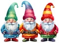 Cute three Christmas gnomes painting isolated on white background. Winter holidays illustration Royalty Free Stock Photo