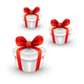 Cute Three Gift Boxes. Christmas Box with Red Ribbon. Vector