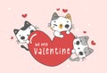 Cute of three kitten cats hug red heart, be my valentine greeting card, cartoon doodle character hand drawing vector