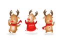 Cute three Reindeer celebrate winter holidays happy expression - they jumping up - vector illustration isolated on transparent bac Royalty Free Stock Photo