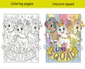 Cute three running unicorn coloring and template vector