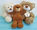 Cute three teddy bear toy with red box on colored wooden, family