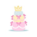 Cute three-tiered birthday cake in girlish style on white