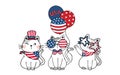 Cute Three trio Ameowrica cat 4th of July Independence day with stars and stripes glasses, uncle sam hat. cartoon doodle flat