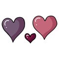 Cute three valentines heart cartoon vector illustration motif set. Hand drawn isolated romantic couples symbol elements clipart