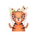 Cute Tiger Animal Wearing Headdress with Feathers, Leaves and Flowers Vector Illustration