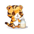 Cute tiger baby with bottle of milk cartoon chibi style, AI generative Royalty Free Stock Photo