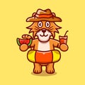 cute tiger in beach hat with Swim rings carrying watermelon and drink