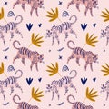 Cute tiger cat seamless pattern vector print, nursery illustration in scandinavian style, animal pink skin repeat design, kids