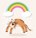 Cute tiger with chamomilla under rainbow