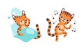 Cute Tiger Character Activities Set, Adorable Wild African Animal Sleeping and Dancing Cartoon Vector Illustration Royalty Free Stock Photo