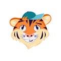 Cute tiger character, face with pensive, thoughtful emotions. Wild animals of africa, funny or smile cartoon muzzle in a