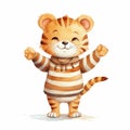 Cute Tiger Character In Striped Sweater Waving Hands - Watercolor Illustration