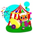 A cute tiger in a clown costume juggles balls in the circus Royalty Free Stock Photo