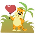 Cute tiger cub character is smiling, holding a red heart-shaped balloon Royalty Free Stock Photo