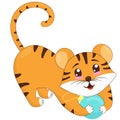 Cute tiger cub playing with Christmas ball, tinsel, symbol of the new 2022, vector illustration in flat style, white background