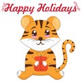 Cute tiger cub sitting with a gift in its paws, symbol of the new 2022, vector illustration in flat style, postcard - happy