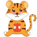 Cute tiger cub sitting with a gift in its paws, symbol of the new 2022, vector illustration in flat style, a white background