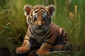 Cute tiger cub sitting in the grass and looking at camera. A cute tiger cub sitting on the grass, detailed body, AI Generated Royalty Free Stock Photo