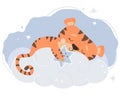 A cute tiger cub sleeps on a starry gentle blue cloud. 2022 - Year of the Tiger in Chinese or oriental. Vector