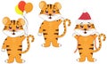 Cute tiger cub standing with balloons, in santa claus hat with tinsel, symbol of the new 2022, set of vector illustrations in flat