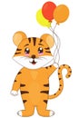 Cute tiger cub standing with balloons, symbol of the new year 2022, vector illustration in flat style isolated, white background
