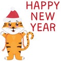 Cute tiger cub standing in santa claus hat and garland, tinsel, symbol of the new 2022, vector illustration in flat style, white