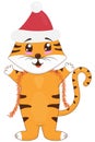 Cute tiger cub standing in santa claus hat and garland, tinsel, symbol of the new 2022, vector illustration in flat style, white