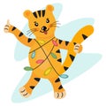 Cute tiger cub teases and shows thumbs up. Vector illustration isolated Emoji character cartoon tiger cub emoticon Royalty Free Stock Photo