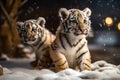 Cute tiger cubs is playing in the snow. Generative AI Royalty Free Stock Photo