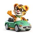 Cute tiger 3d cartoon with sunglases and driving a tuning car, white background.Generative ai