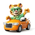 Cute tiger 3d cartoon with sunglases and driving a tuning car, white background.Generative ai